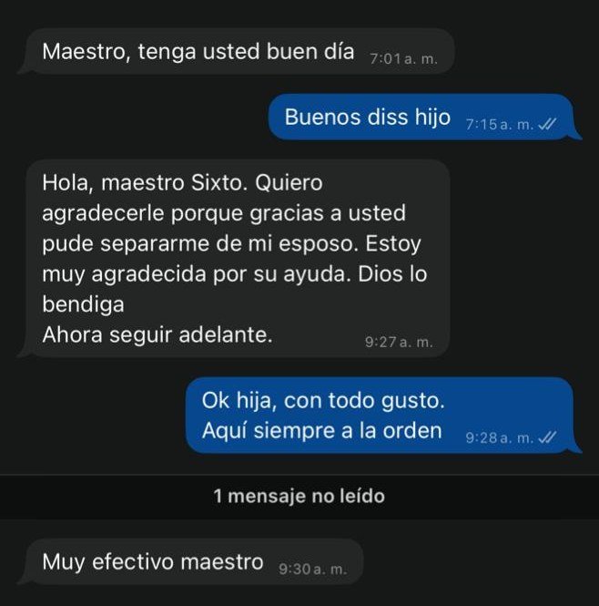 Captura de conversación de WhatsApp: cliente agradece por ayudarla a separarse de su esposo.